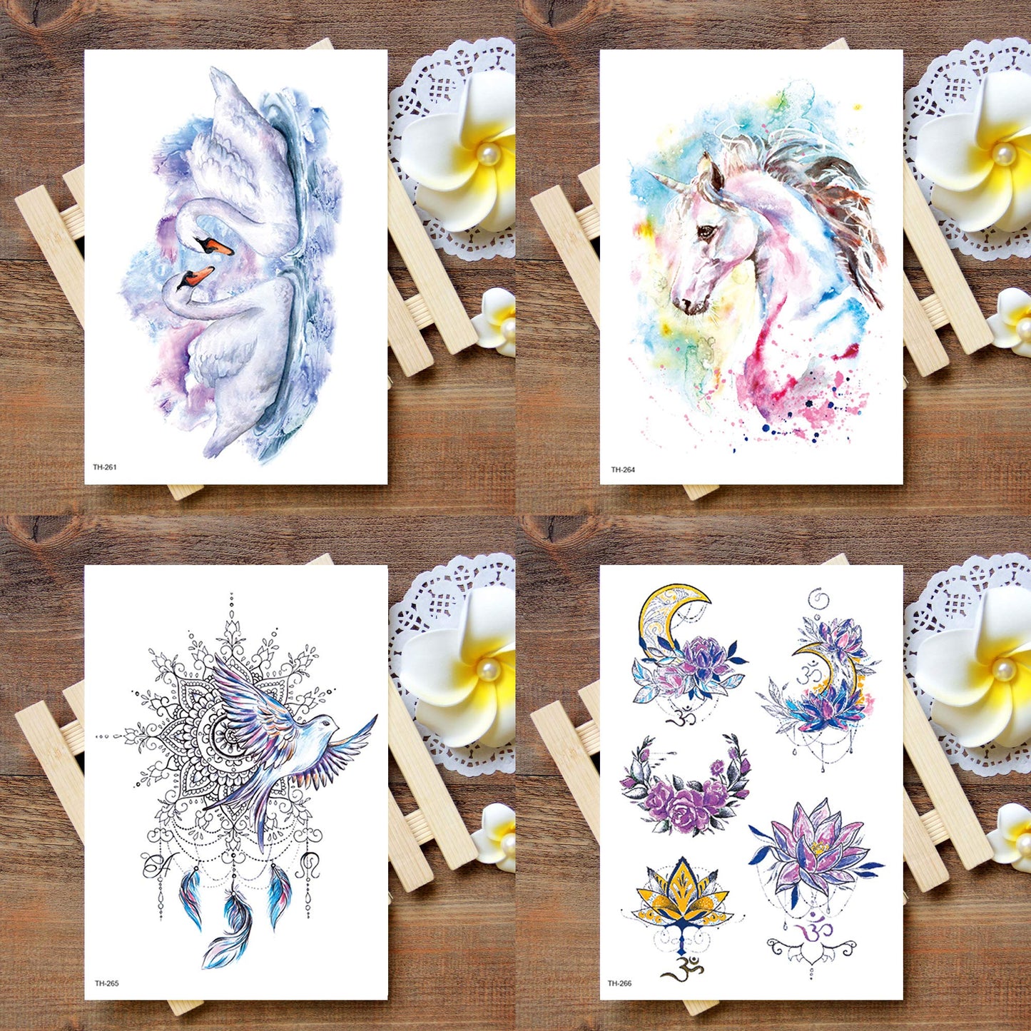 White Smoke Oottati 12 Sheets Fairy Tales Animal Temporary Tattoo Kit - 21x15cm Pink Unicorn Swan Bird Deer Elf Wolf Owl Eagle Tree Elephant Moon Sun Totem Flower Arm