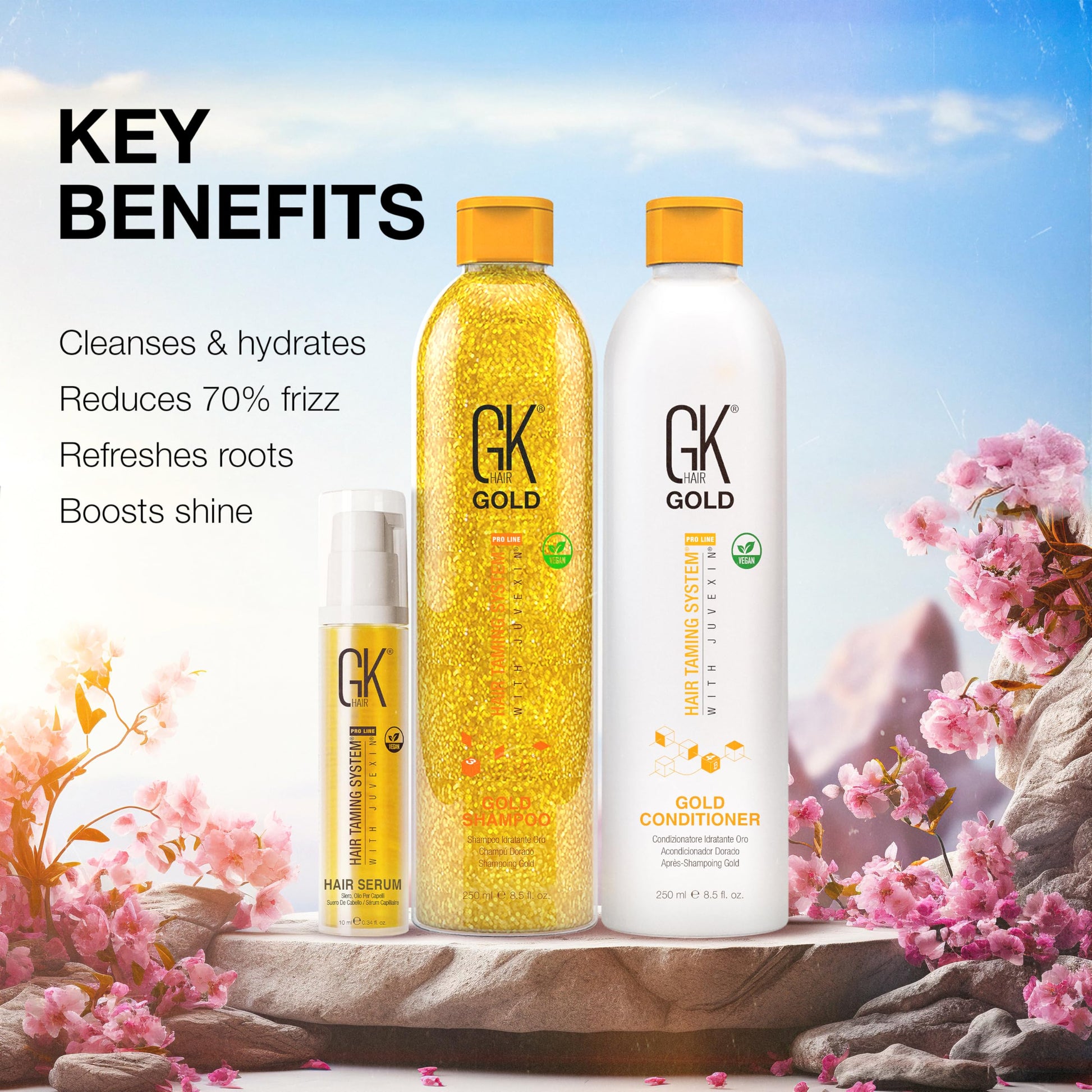 White Smoke GK Hair Gold Shampoo and Conditioner Duo with Free Argan Oil Serum Contains Argan Oil, Shea Butter, Natural Oils for Hairs Moisturizing Shine and Protection