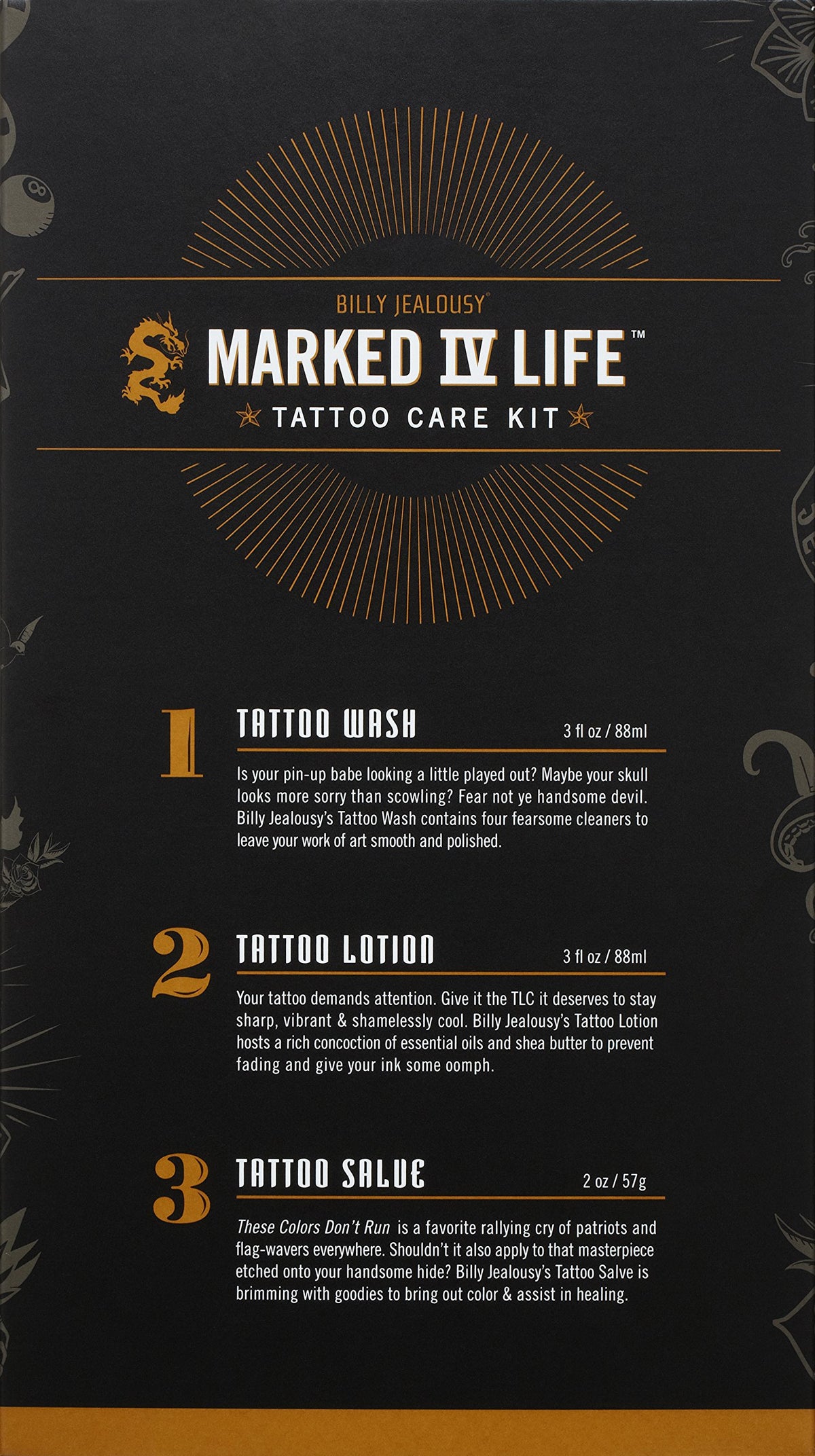 Black Billy Jealousy Marked IV Complete Tattoo Care Kit, Make Your Mark Defined, Fresh and Vibrant, Includes Aftercare Ink Salve, Brightening Soap and Moisturizing Tattoo Lotion