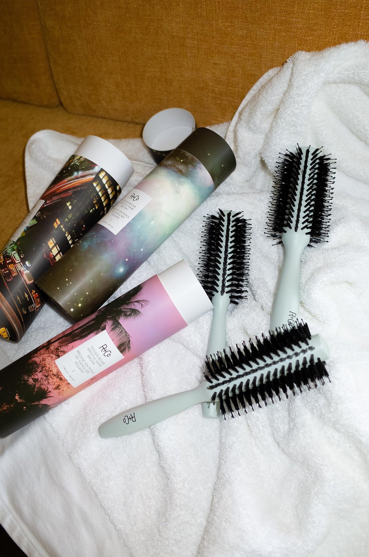 Light Gray R+Co Vegan Boar Bristle Hair Brush #4, 65 mm