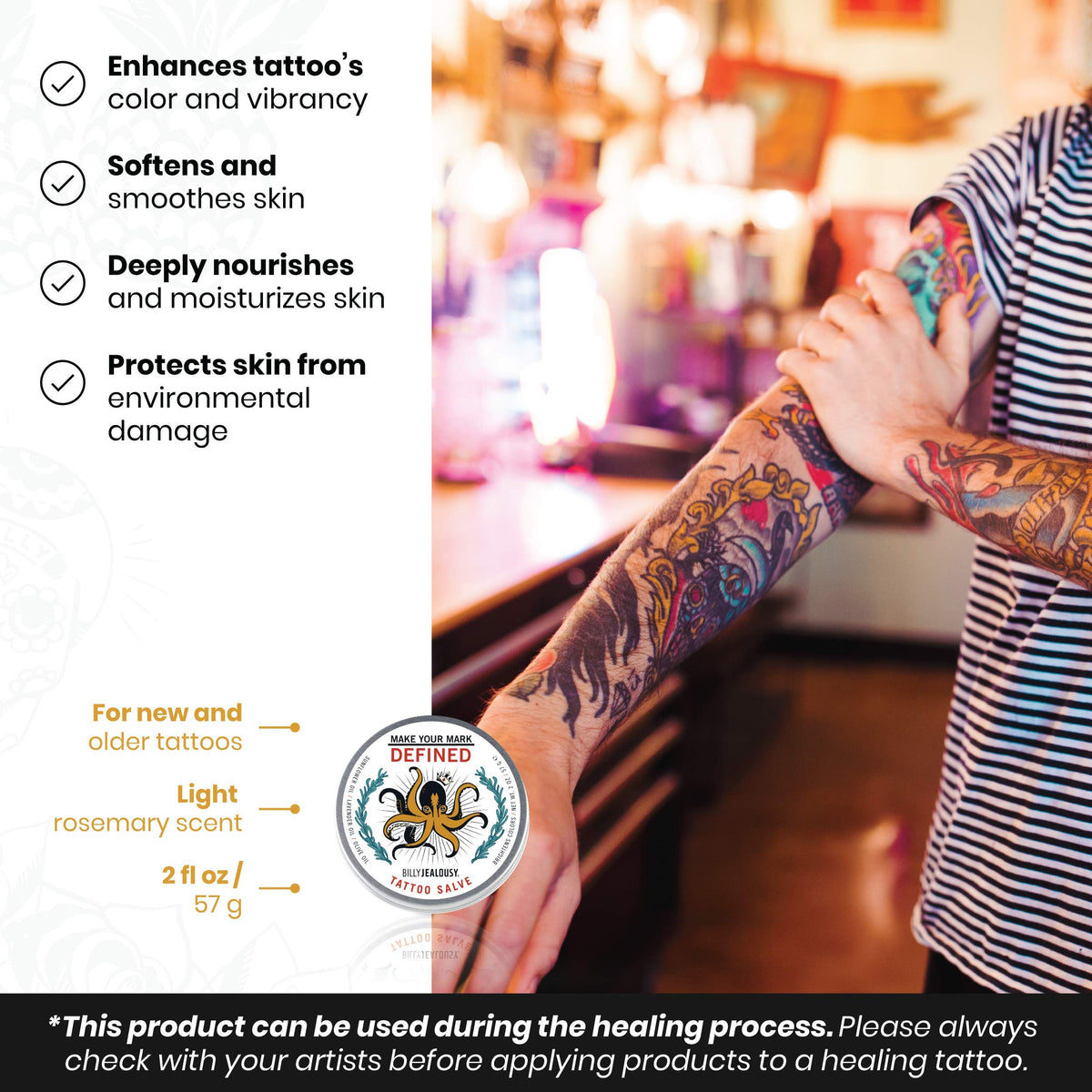 White Smoke Billy Jealousy Make Your Mark Defined Tattoo Salve, Tattoo Aftercare with Vitamin E and Soybean & Lavender Oils, Protects, Deeply Nourishes, and Enhances Vibrancy, 2 oz