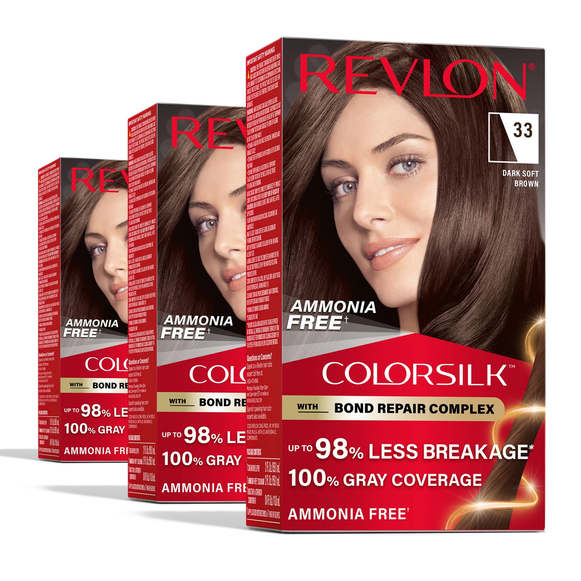 White Smoke Revlon ColorSilk with Bond Repair Complex, Brown Permanent Hair Color, 100% Gray Coverage, Ammonia Free Hair Dye, Vegan Keratin, 33 Dark Soft Brown (Pack of 3)