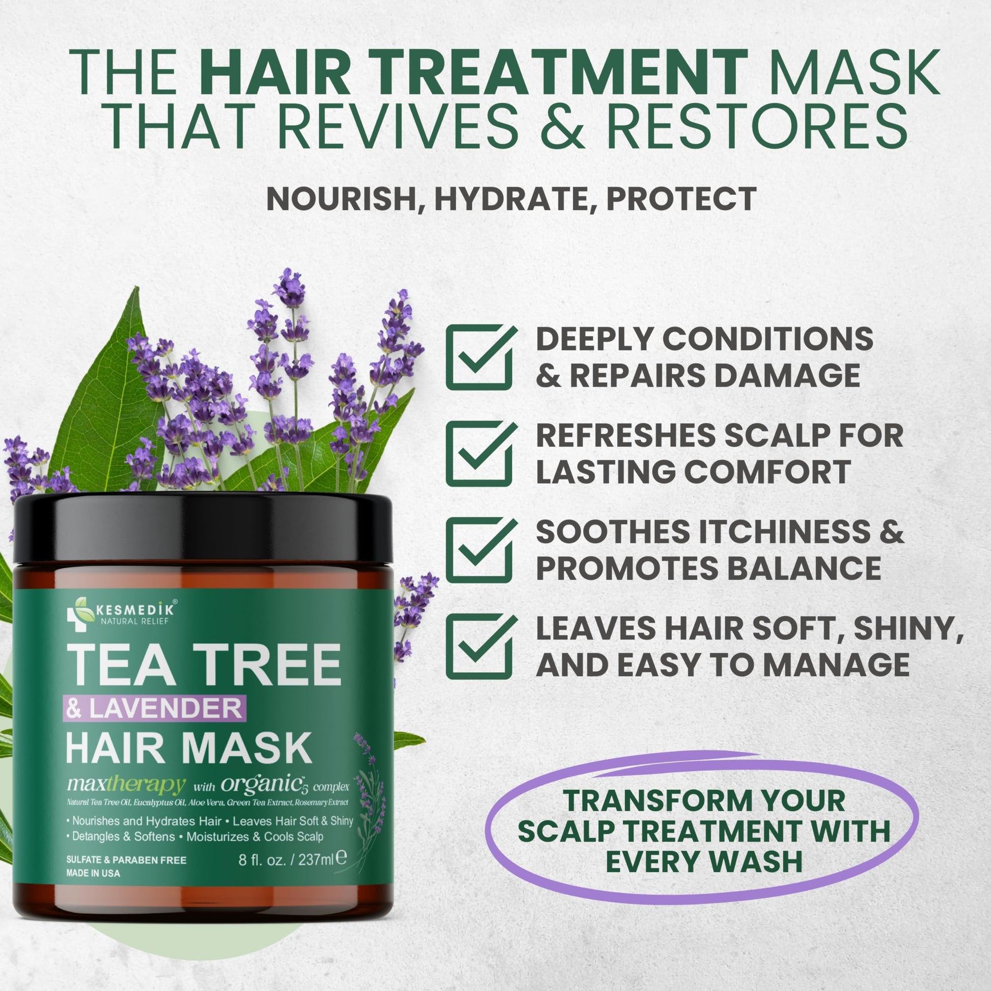 Lavender KESMEDIK Tea Tree Hair Mask with Rosemary & Lavender, Deep Conditioning Treatment for Dry, Damaged, Coarse Hair, Hydrating Hair Mask with Itchy Scalp Relief, Men & Women, Sulfate-Free