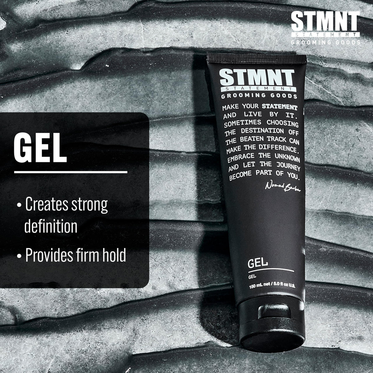 Black STMNT Grooming Goods Gel, 5.07 oz | Strong Definition | Long-Lasting Hold | Satin-Like, Semi-Matte Finish | Easy Wash Out
