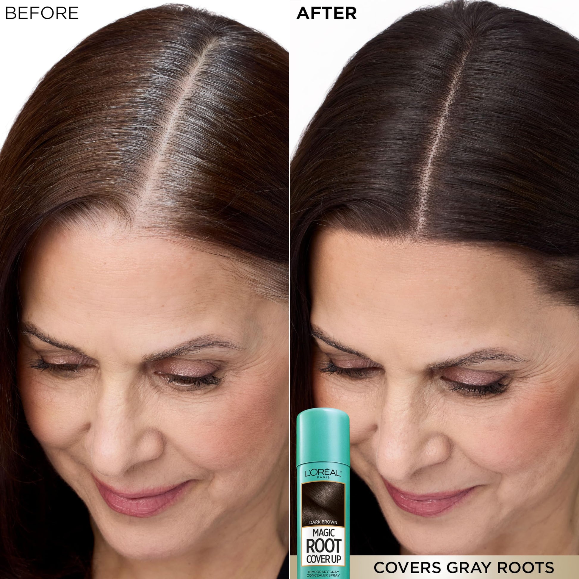 Black L'Oreal Paris Root Cover Up Temporary Gray Concealer Spray, Hair Color Spray with Filling & Thickening Coverage, Dark Brown, Packaging May Vary