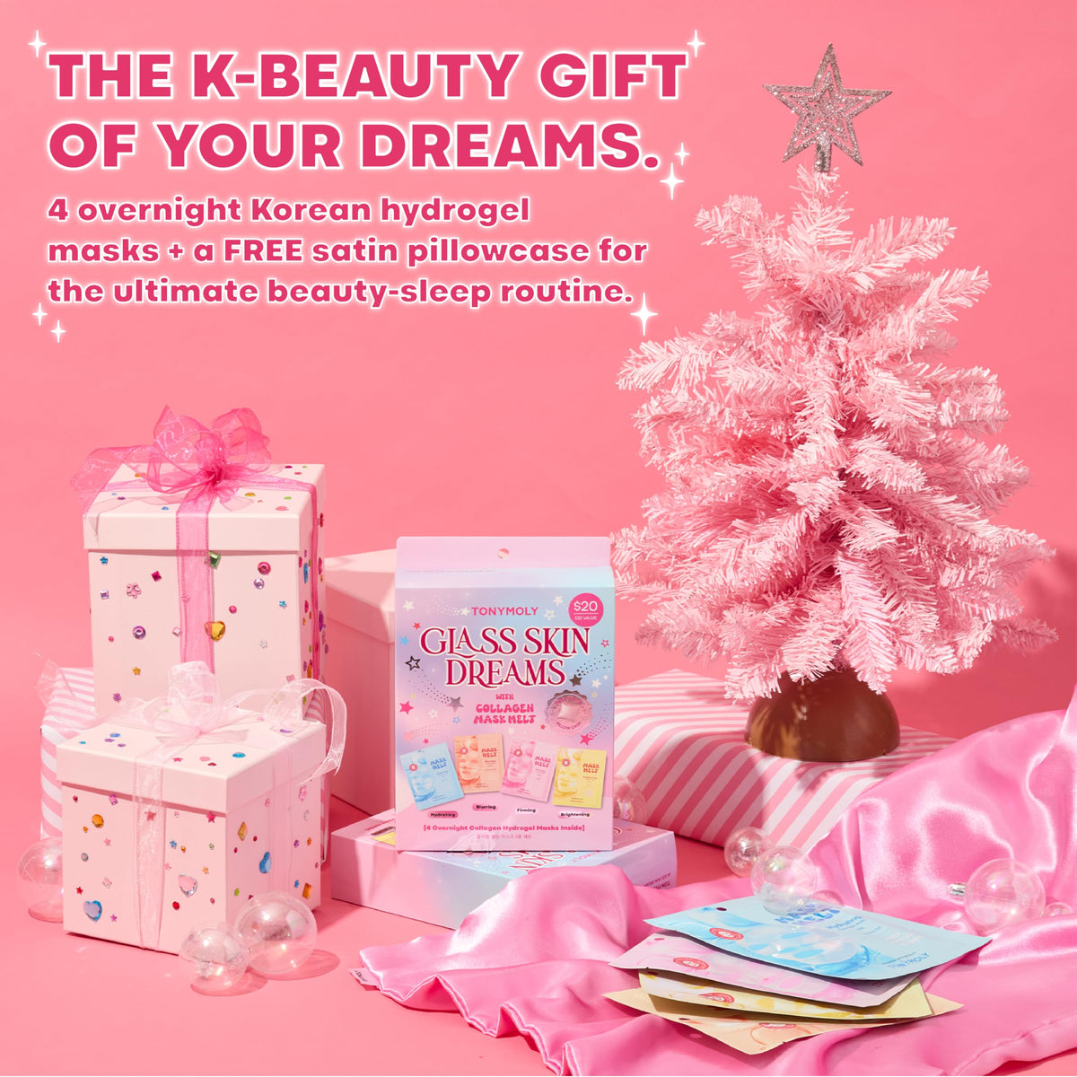 Light Pink TONYMOLY Glass Skin Dreams Korean Overnight Face Mask Set - Collagen, PDRN