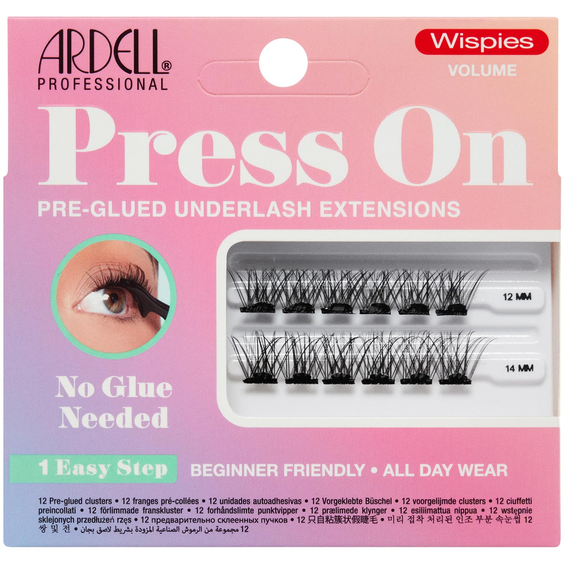 Light Pink Ardell Press On Pre-Glued Eyelash Extension - Wispies Volume, Customizable DIY Lash Clusters, All-Day Wear, 12mm and 14mm Individual Lashes, 12 Count