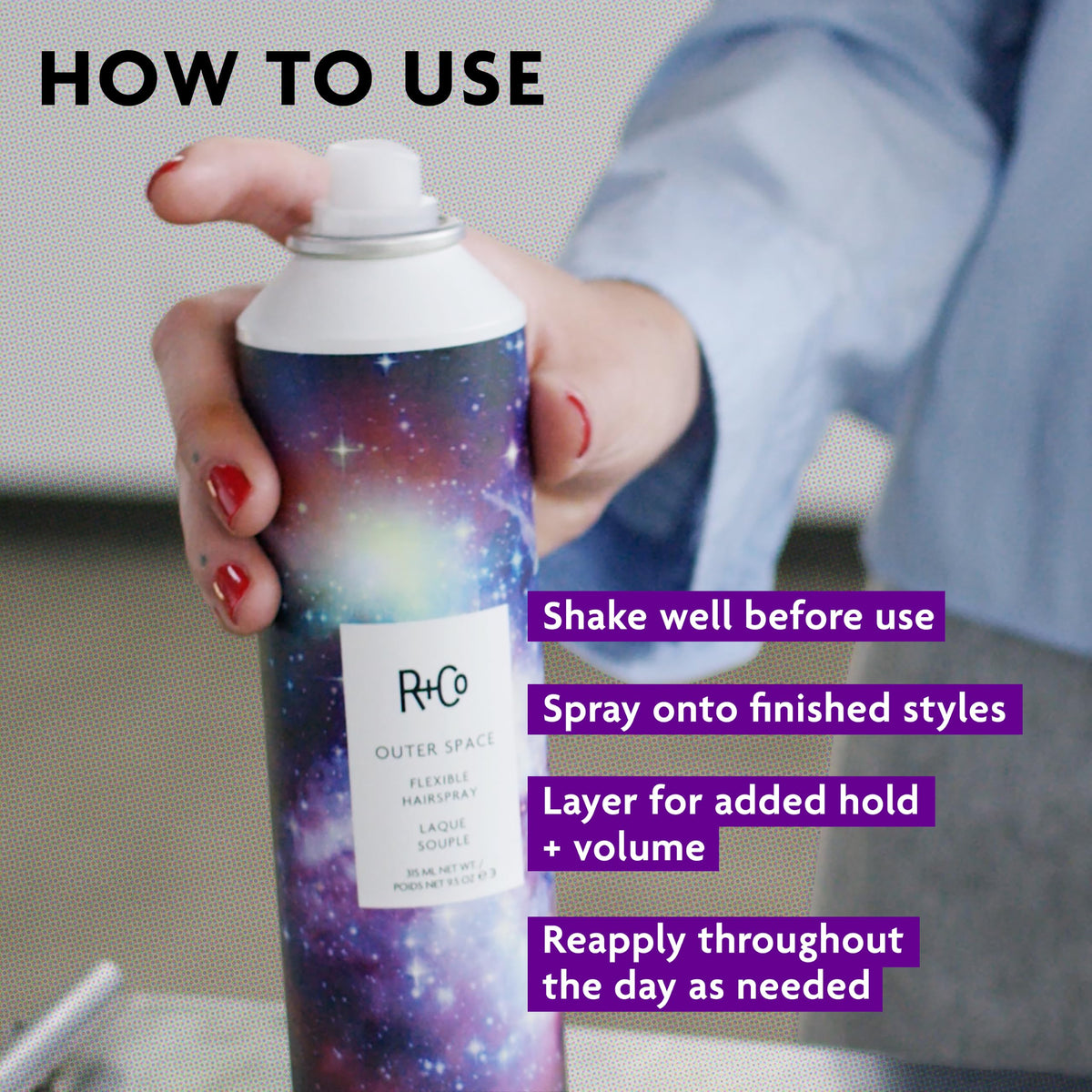 Gray R+Co OUTER SPACE Flexible Hairspray, 2.2 oz/75 mL, Rosy Eyed Scent