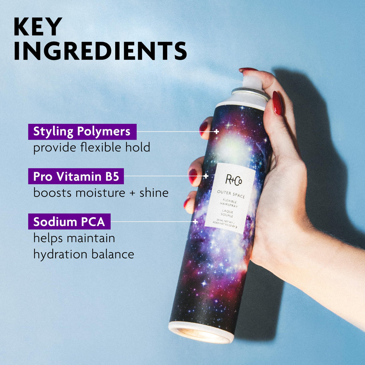 Light Blue R+Co OUTER SPACE Flexible Hairspray, 2.2 oz/75 mL, Rosy Eyed Scent