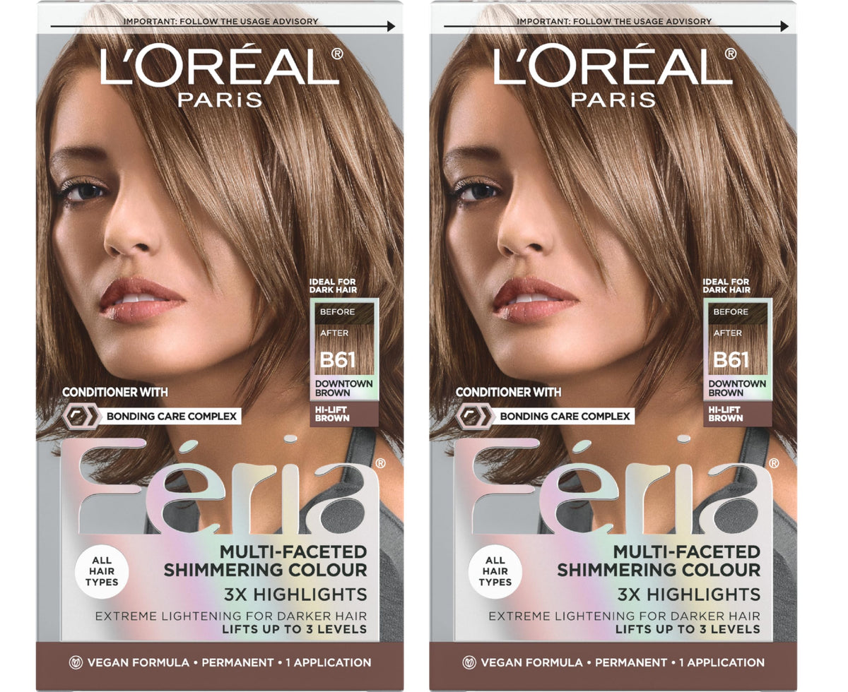 Dim Gray L'Oreal Paris Feria Multi-Faceted Shimmering Permanent Hair Color, B61 Downtown Brown (Hi-Lift Cool Brown), 1 Hair Dye Kit (Pack of 2)