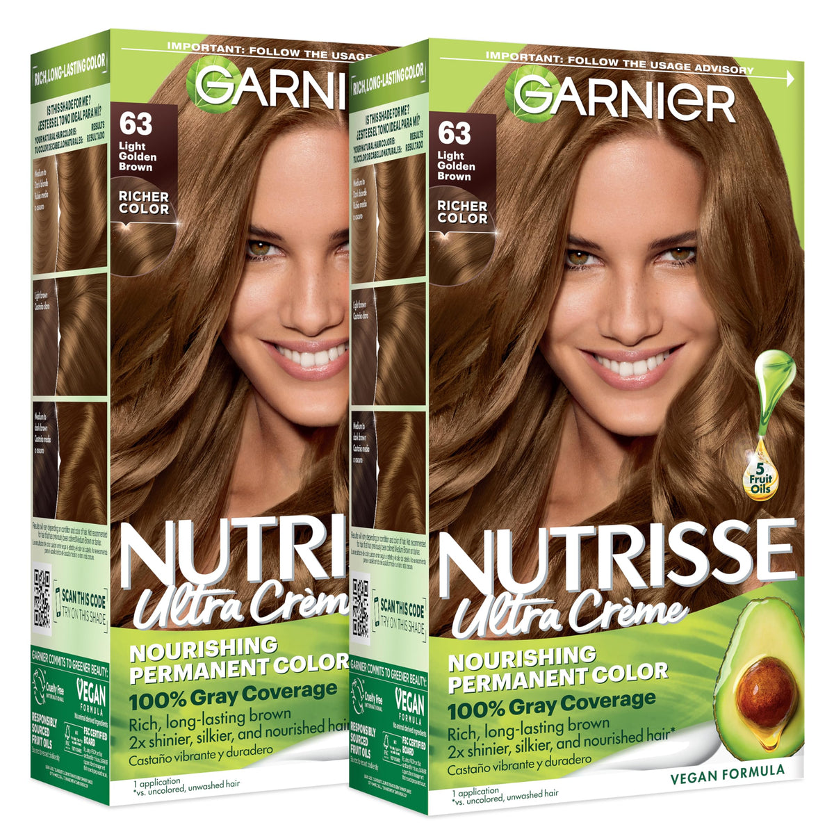 White Smoke Garnier Nutrisse Ultra Crème Hair Color, Permanent Hair Dye with 100% Gray Coverage, Vegan & Cruelty-Free, 63 Light Golden Brown (Brown Sugar), 2 Count