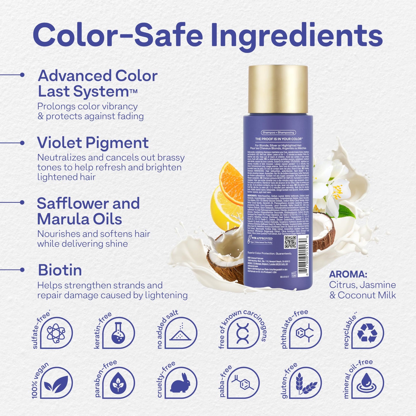 White Smoke Colorproof Daily Blonde Shampoo 8.5 Fl. Oz. Sulfate Free Shampoo for Blonde Color Treated Hair with Citrus, Jasmine & Coconut Milk Scent for Cleansing & Toning