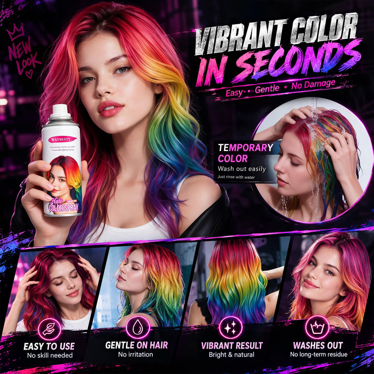 Black Waybesty Temporary Pink Hair Color Spray for Kids Women Men (Pink, 4.06Oz)