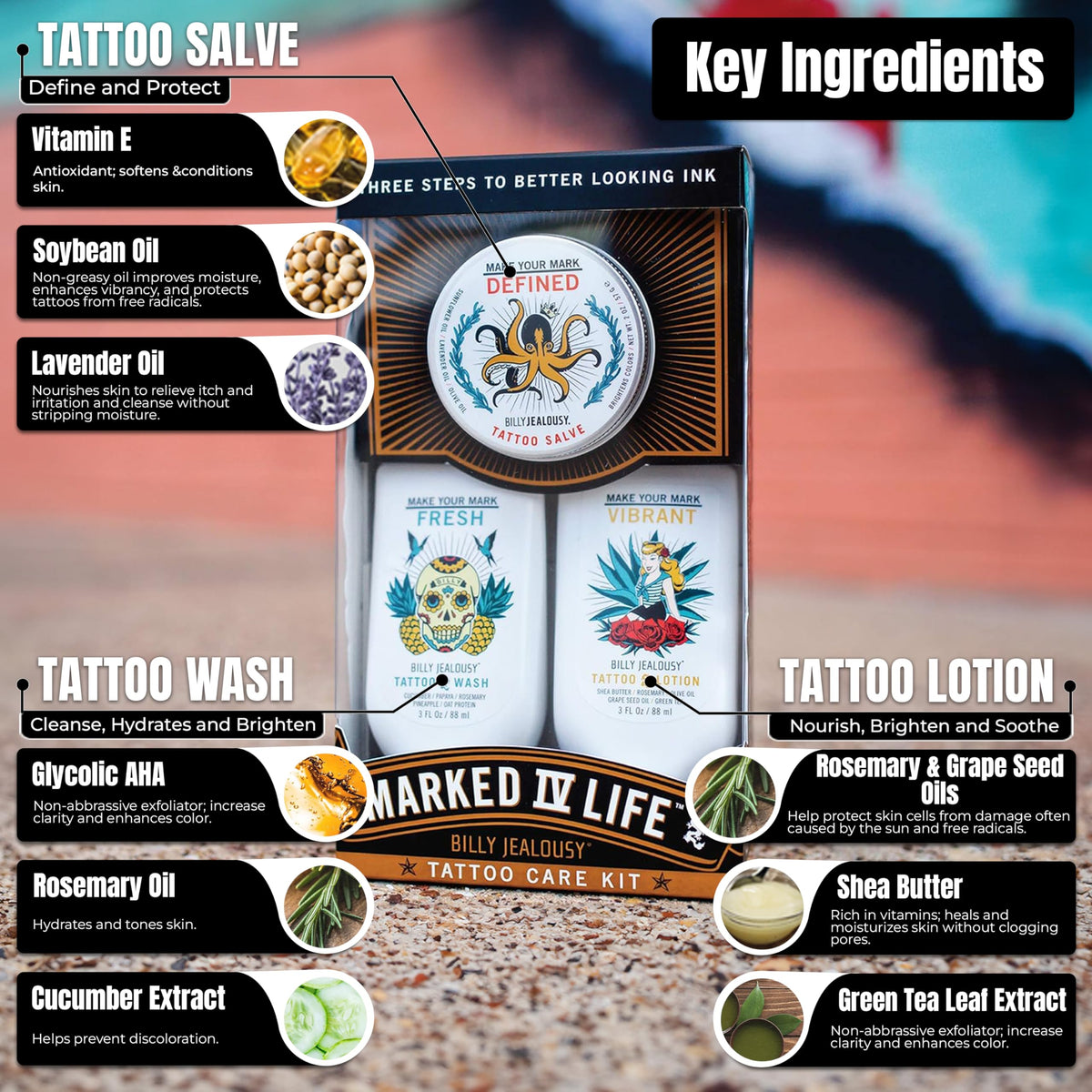 Black Billy Jealousy Marked IV Complete Tattoo Care Kit, Make Your Mark Defined, Fresh and Vibrant, Includes Aftercare Ink Salve, Brightening Soap and Moisturizing Tattoo Lotion