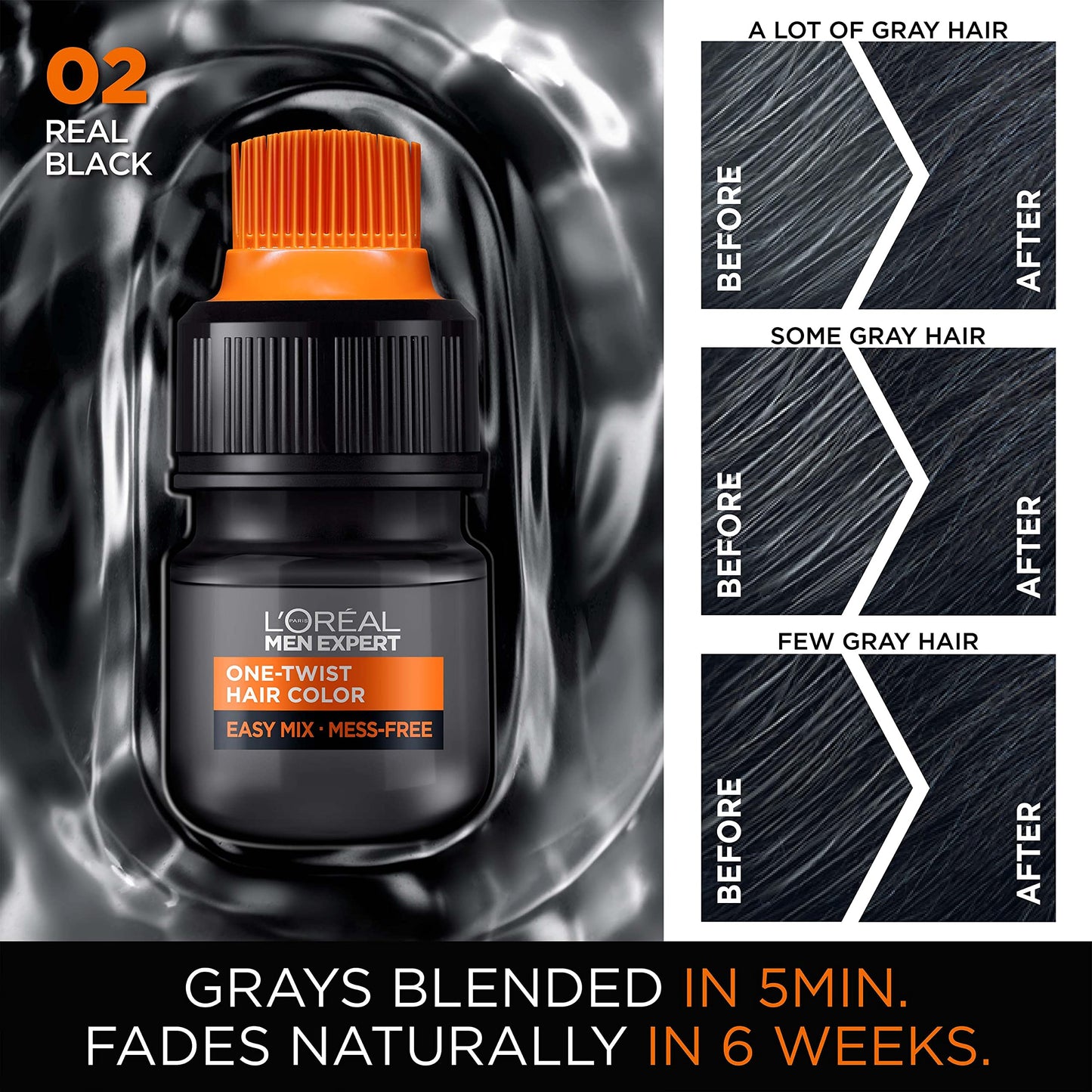 Black L’Oreal Paris Men Expert One Twist Mess Free Permanent Hair Color, Mens Hair Dye to Cover Grays, Easy Mix Ammonia Free Application, Real Black 02, 1 Application Kit