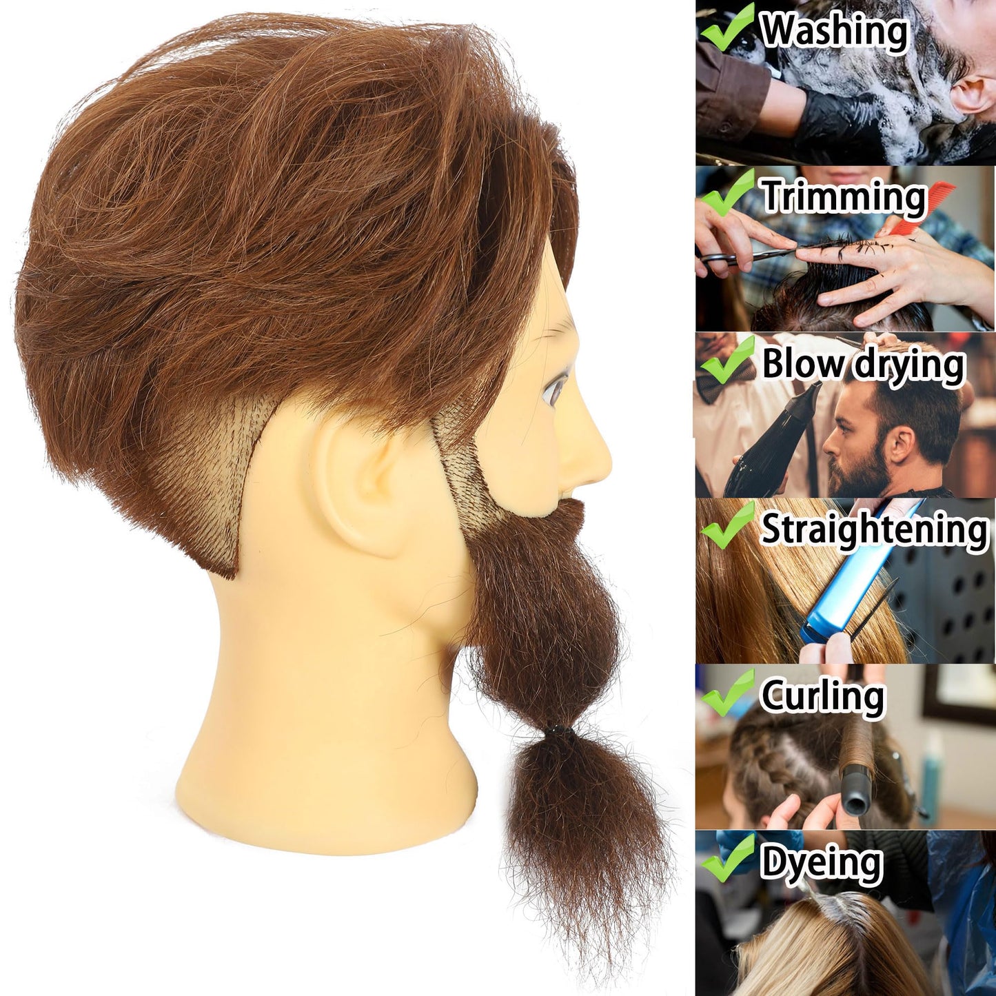 White Smoke TKIMHEQ Male Mannequin Head with Beard 100% Human Hair Haircut Training Head for Cosmetology Straight Thick Hair Manikin Head Doll Head with Stand Practice Cutting Styling (6 Inches Beard Brown#)