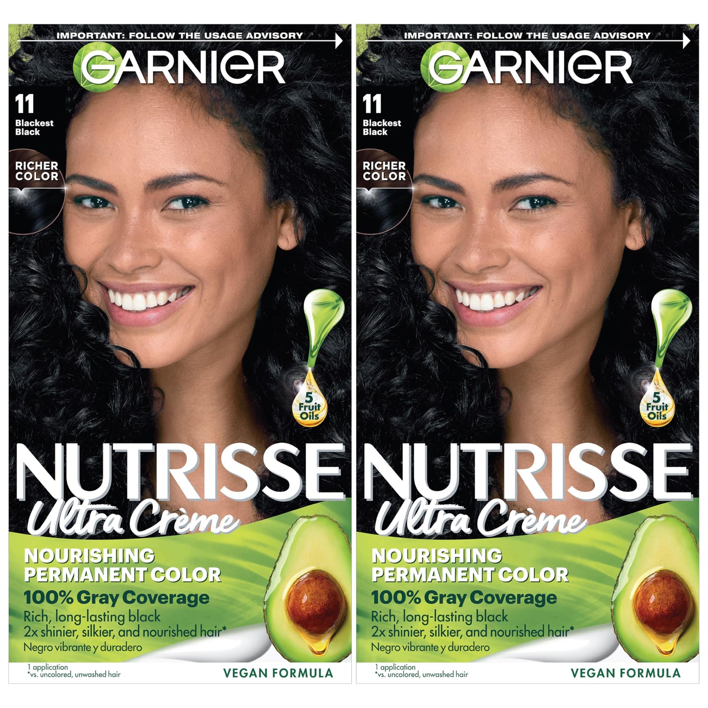 Black Garnier Nutrisse Ultra Crème Hair Color, Permanent Hair Dye with 100% Gray Coverage, Vegan & Cruelty-Free, 11 Blackest Black (Peppercorn), 2 Count