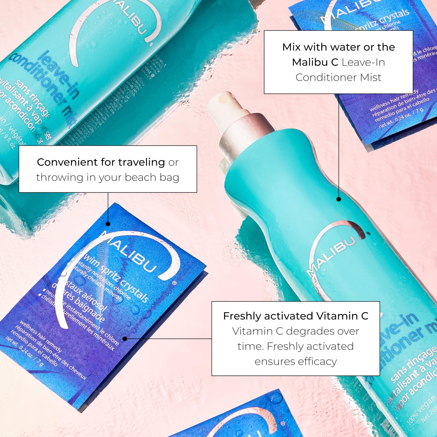 Misty Rose Malibu C Swim Spritz Crystals - Freshly Activated Vitamin C Hair and Skin Spray for Post-Swim Chlorine Removal - 100% Vegan and Cruelty-Free (12 Packets)