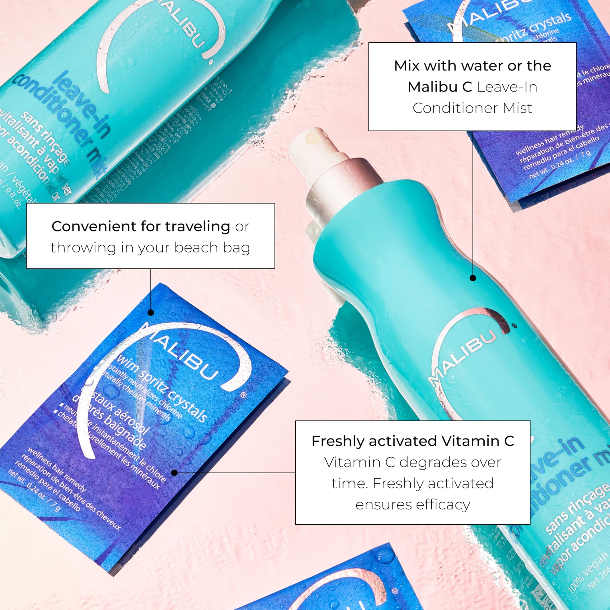 Misty Rose Malibu C Swim Spritz Crystals - Freshly Activated Vitamin C Hair and Skin Spray for Post-Swim Chlorine Removal - 100% Vegan and Cruelty-Free (12 Packets)