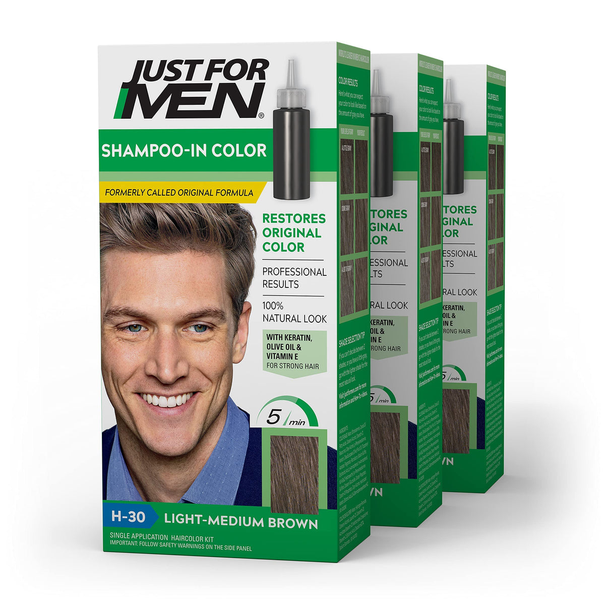White Smoke JUST FOR MEN Shampoo-In Color, Hair Color, Light-Medium Brown H-30 (3 Pack)