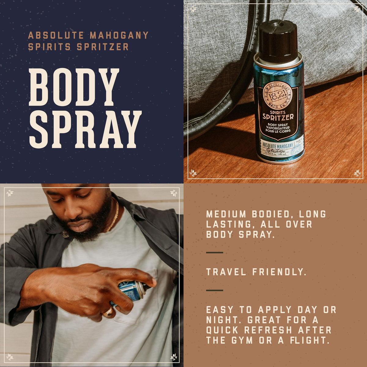Sienna 18.21 Man Made Men’s Spirits Spritzer Absolute Mahogany, 3.4 oz. - Long-Lasting All Over Body Spray with Masculine Aromatics - Gifts for Him