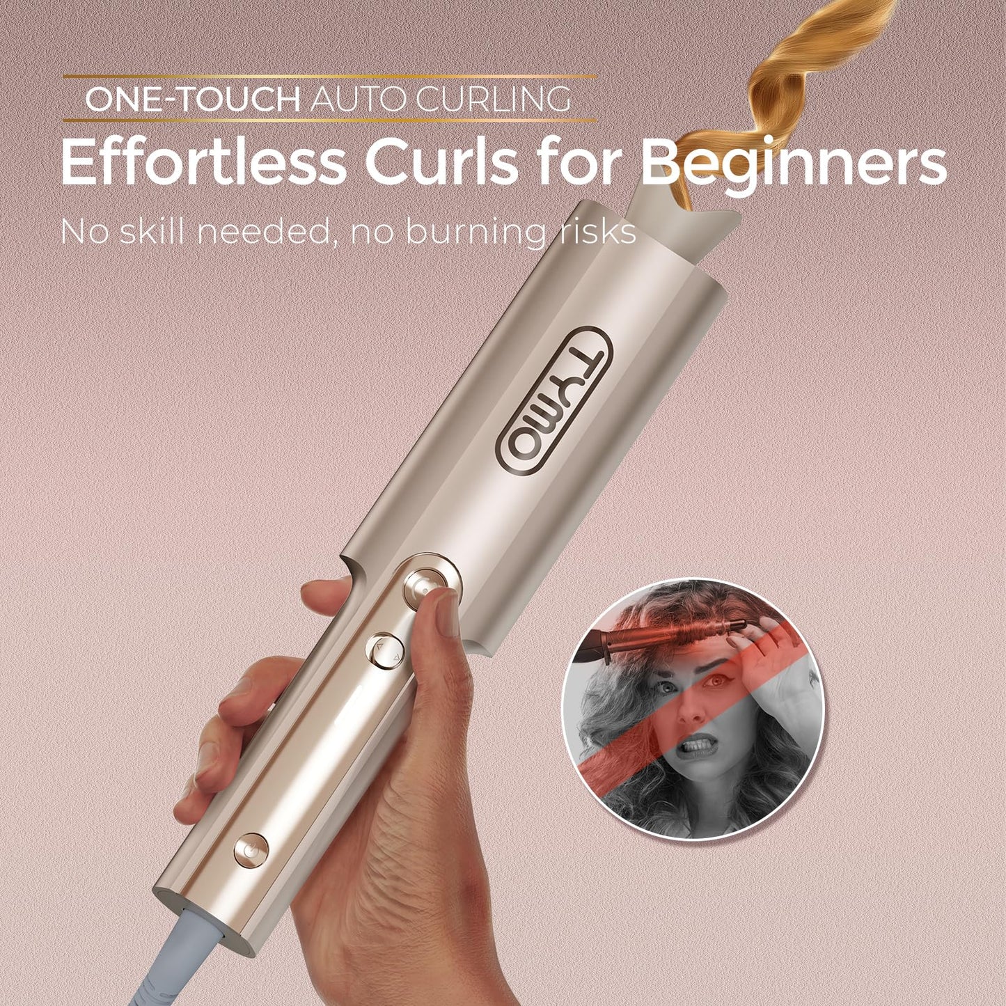 Gray TYMO CurlPro Plus Automatic Rotating Curling Iron - Upgraded Long Barrel Curling Wand for Long Hair, Ceramic Hair Curler for Women, Anti-Scald, Tangle-Free, 600M Ionic, Dual Voltage, Gold, 1 Inch