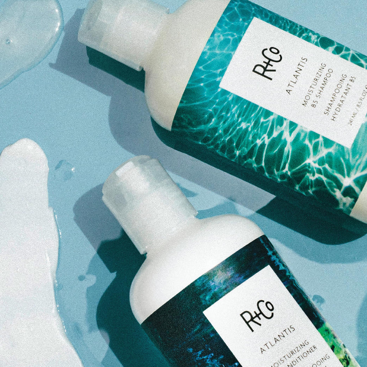 Sky Blue R+Co Travel Size Shampoo and Conditioner