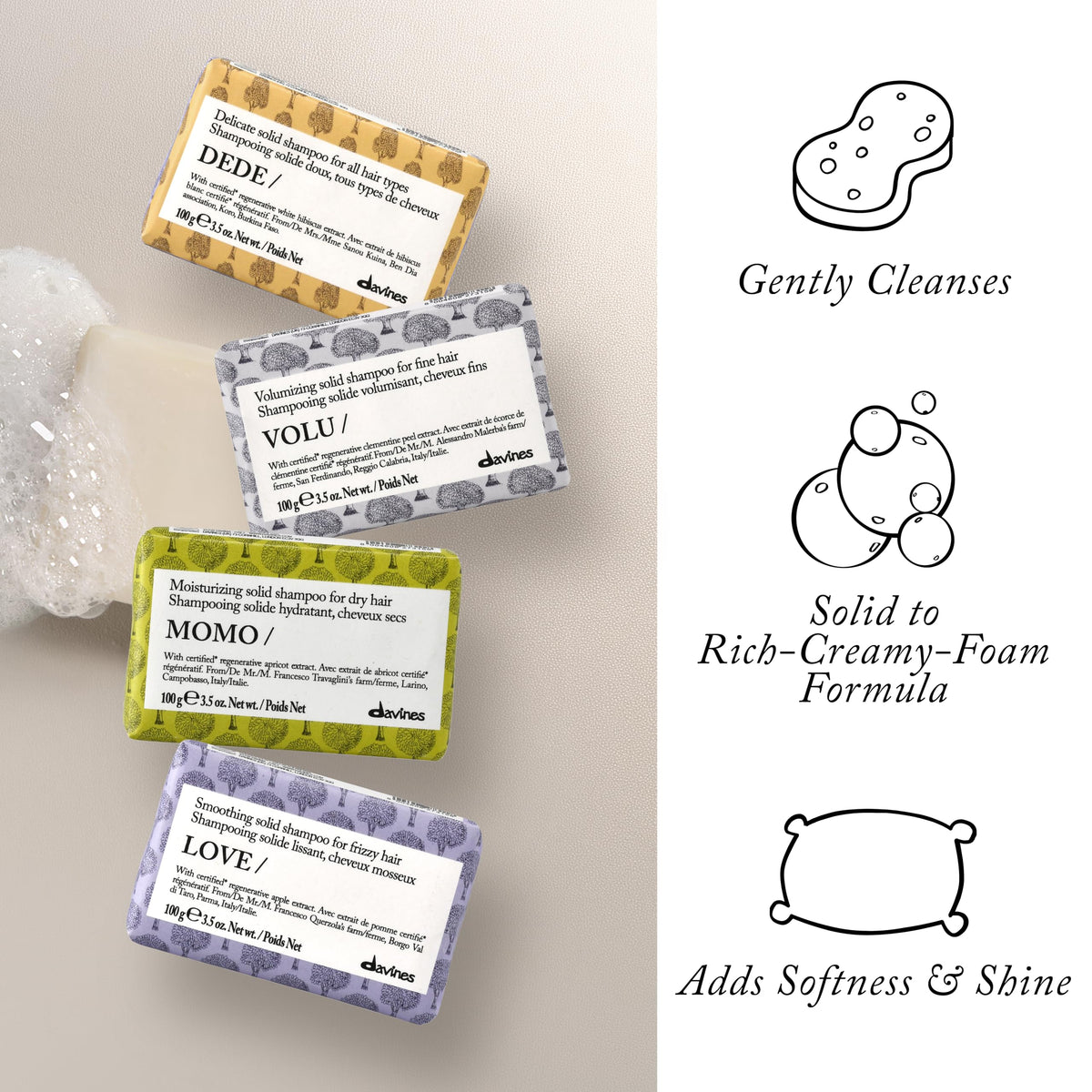 White Smoke Davines DEDE/Solid Shampoo Daily Gentle Softness, Shine For All Hair Types