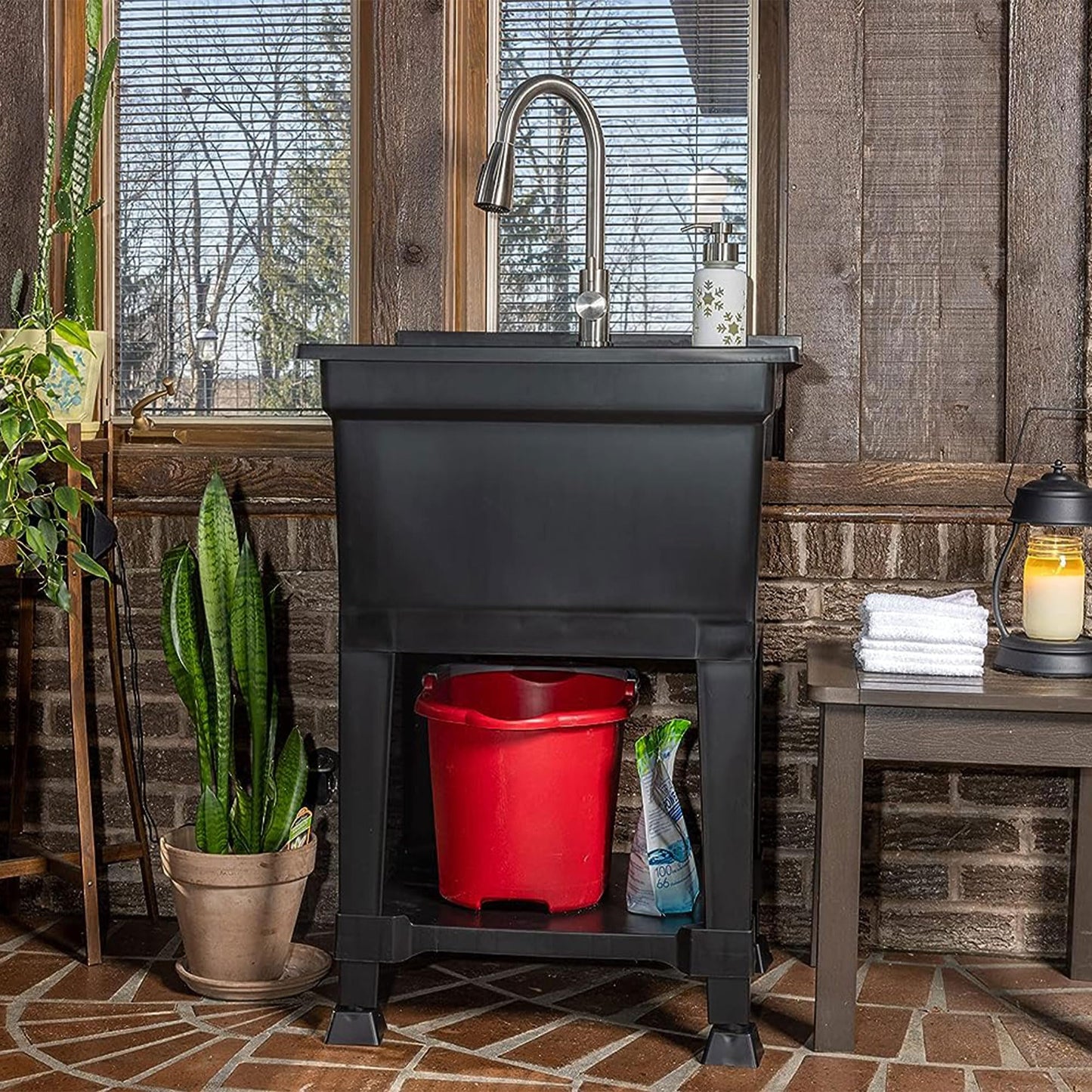 Slate Gray UTILITYSINKS Freestanding Utility Tub Sink with Quick Connect Drain, 24 x 24", Black - Portable and Compact Sink with Faucet for Outdoor Kitchen, Laundry Room, Garage, and Basement