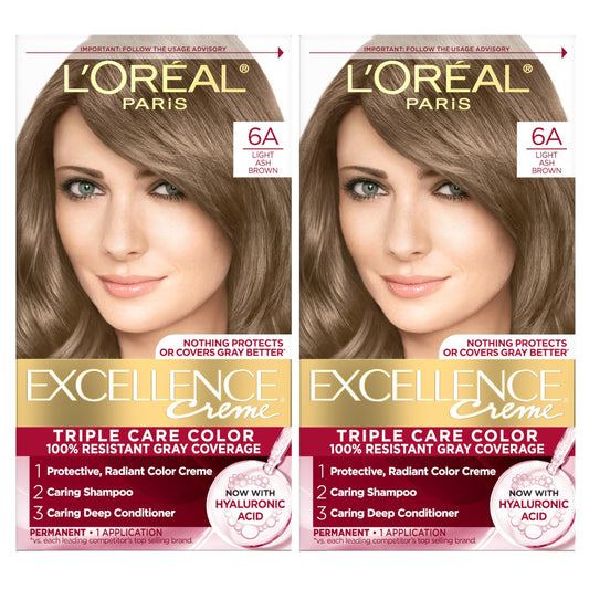 White Smoke L'Oreal Paris Excellence Crème Permanent Hair Dye, Triple Care Hair Color with Hyaluronic Acid for 100% Gray Coverage, 6A Light Ash Brown, 1 Kit (Pack of 2) (Packaging May Vary)