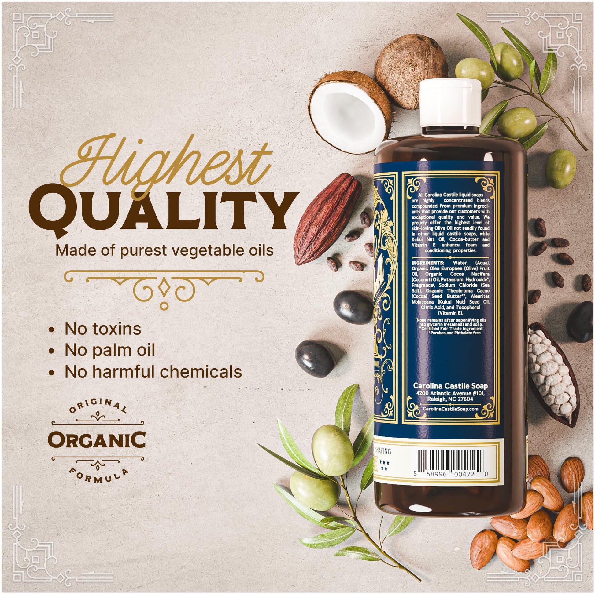 Light Gray Castile Liquid Body Wash for Sensitive Skin – Natural Shampoo for Men with Olive Oil, Cocoa Butter & Coconut Oil – Tobacco Vanilla by Carolina Castile (Tobacco Vanilla, 32 Fl Oz)