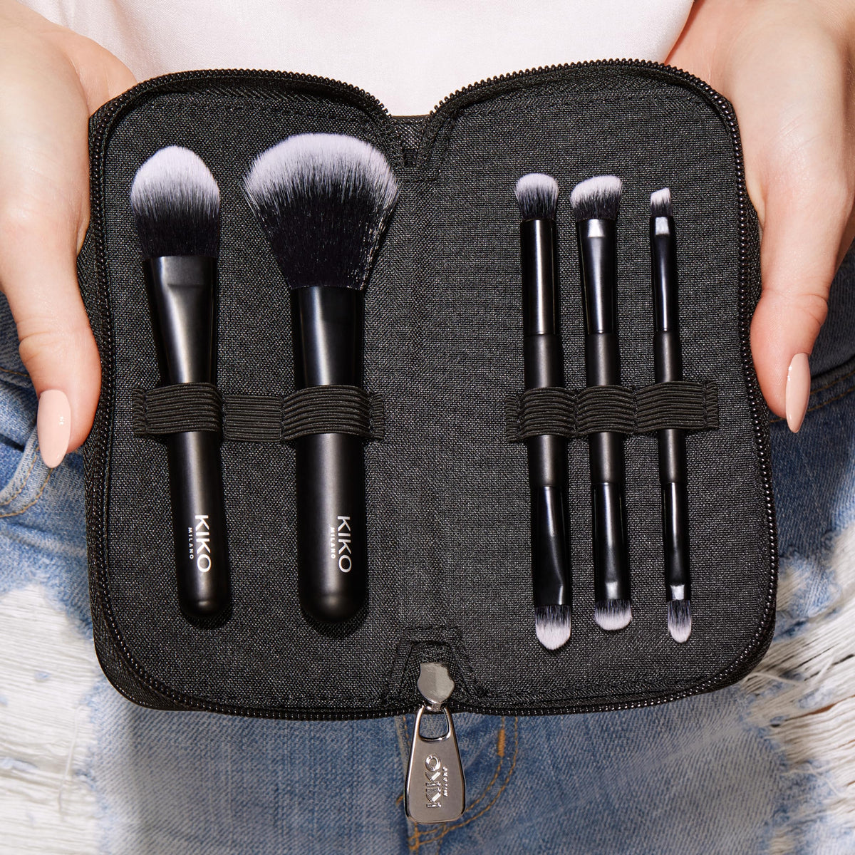 Dark Slate Gray KIKO Milano Travel Brush Set, Pouch With 5 Professional Makeup Brushes