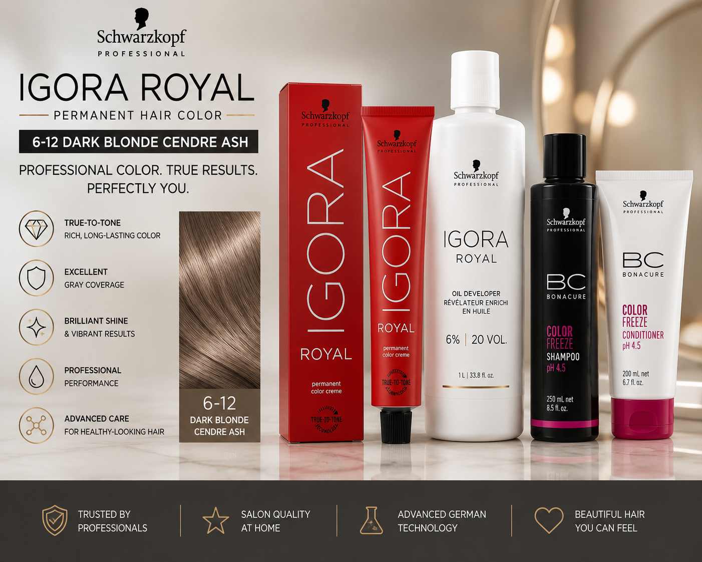 Dark Slate Gray Schwarzkopf Igora Royal Permanent Hair Color - 6-12 Dark Blonde Cendre Ash