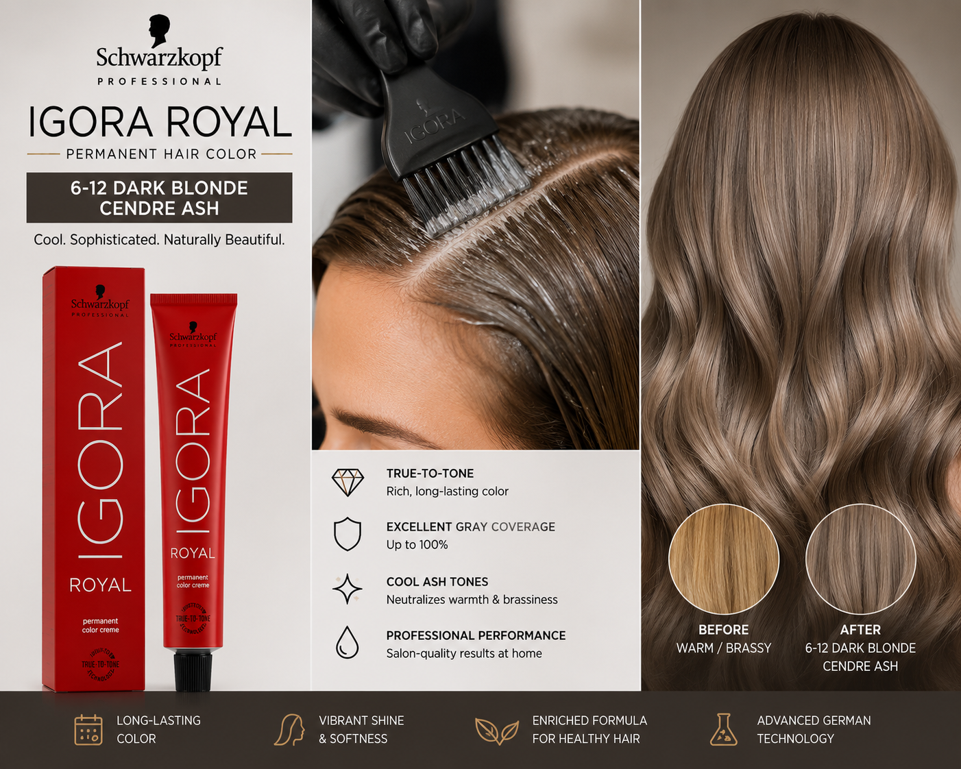 Light Gray Schwarzkopf Igora Royal Permanent Hair Color - 6-12 Dark Blonde Cendre Ash