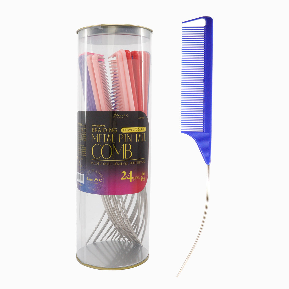 White Smoke Kim &amp; C Braiding Metal Curved Pin Tail Comb (24pcs/Jar)